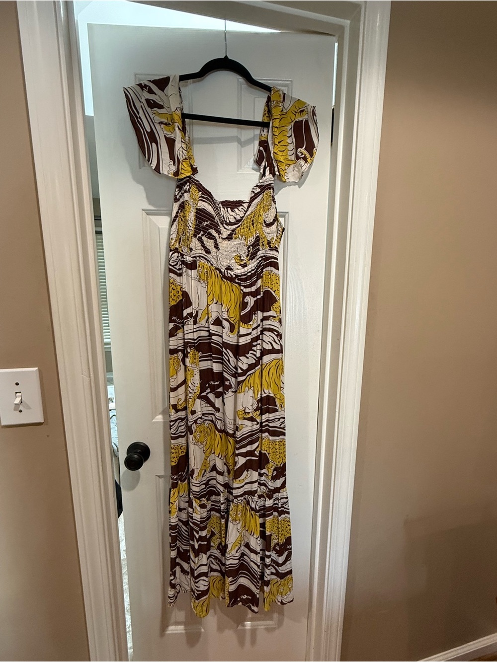 Anthropologie Yellow, Brown & White Printed Maxi Dress